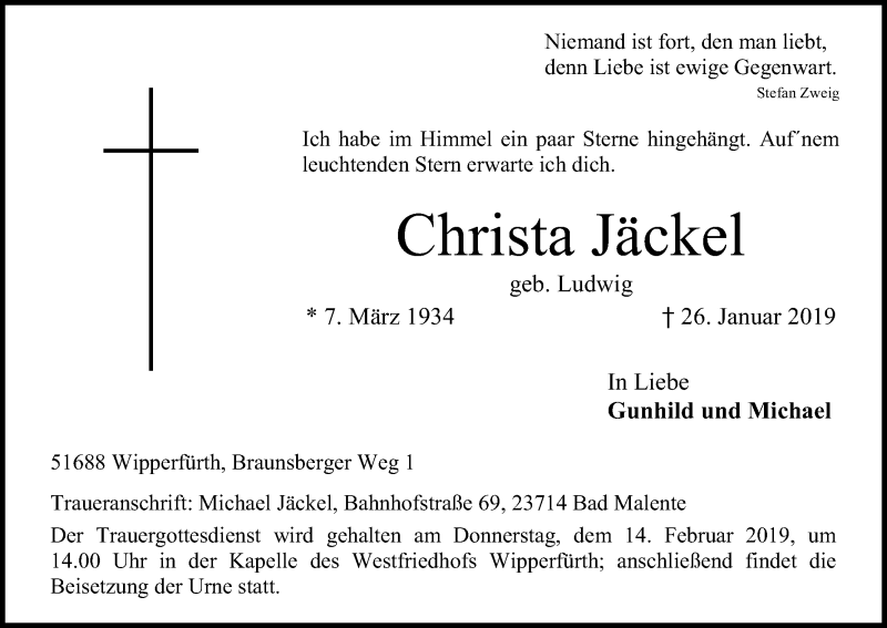  Traueranzeige für Christa Jäckel vom 09.02.2019 aus Kölner Stadt-Anzeiger / Kölnische Rundschau / Express