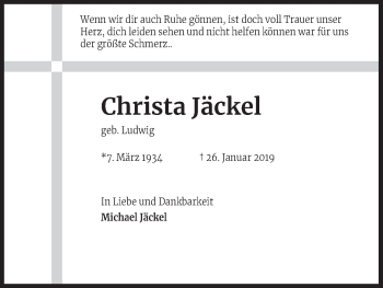 Anzeige von Christa Jäckel von Kölner Stadt-Anzeiger / Kölnische Rundschau / Express