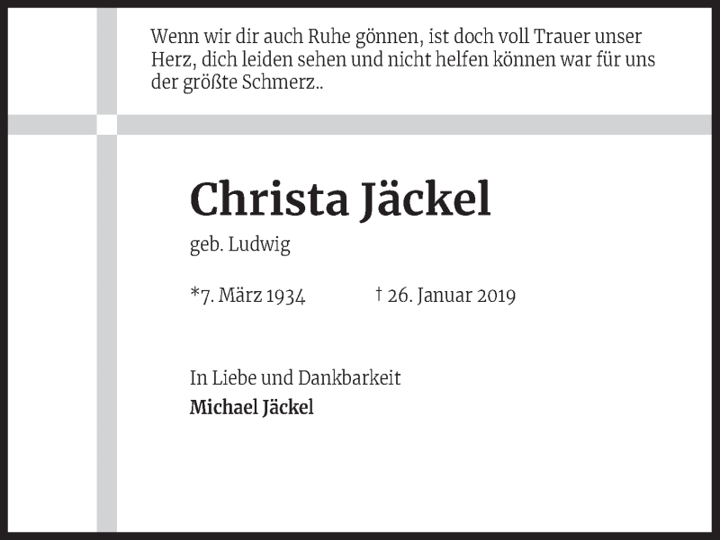  Traueranzeige für Christa Jäckel vom 02.02.2019 aus Kölner Stadt-Anzeiger / Kölnische Rundschau / Express