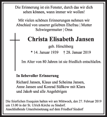 Anzeige von Christa Elisabeth Jansen von  Sonntags-Post 