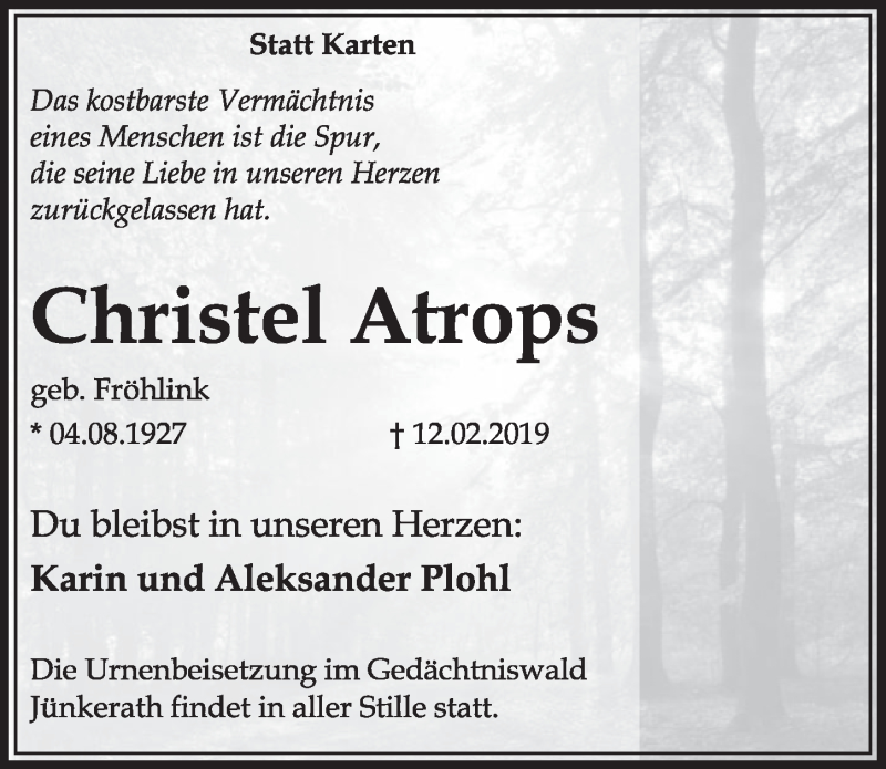  Traueranzeige für Christel Atrops vom 23.02.2019 aus  Sonntags-Post 