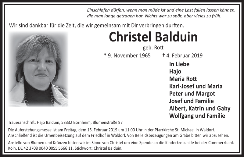  Traueranzeige für Christel Balduin vom 13.02.2019 aus  Schaufenster/Blickpunkt  Schlossbote/Werbekurier 