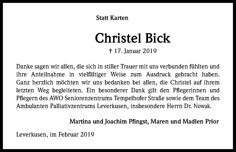  Traueranzeige für Christel Bick vom 16.02.2019 aus Kölner Stadt-Anzeiger / Kölnische Rundschau / Express