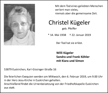 Anzeige von Christel Kügeler von  Blickpunkt Euskirchen 