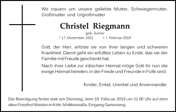 Anzeige von Christel Riegmann von Kölner Stadt-Anzeiger / Kölnische Rundschau / Express