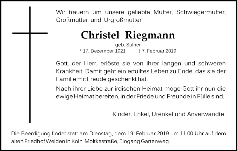  Traueranzeige für Christel Riegmann vom 16.02.2019 aus Kölner Stadt-Anzeiger / Kölnische Rundschau / Express
