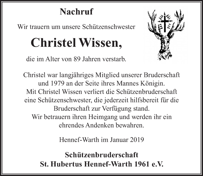  Traueranzeige für Christel Wissen vom 02.02.2019 aus  Rhein-Sieg-Wochenende 