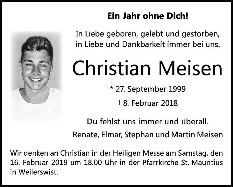  Traueranzeige für Christian Meisen vom 09.02.2019 aus Kölner Stadt-Anzeiger / Kölnische Rundschau / Express
