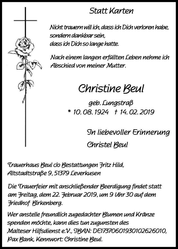  Traueranzeige für Christine Beul vom 20.02.2019 aus Kölner Stadt-Anzeiger / Kölnische Rundschau / Express