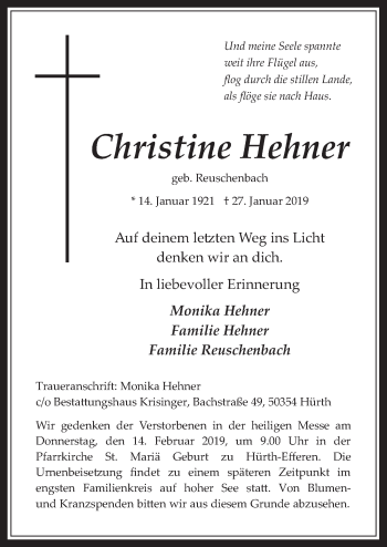 Anzeige von Christine Hehner von  Wochenende 