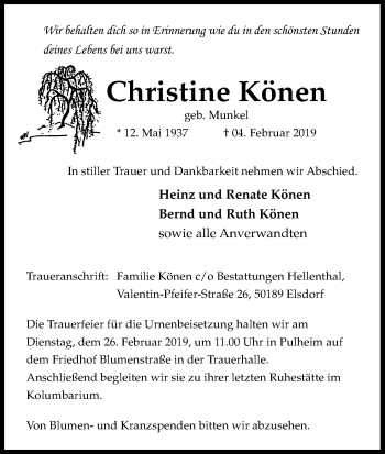 Anzeige von Christine Könen von Kölner Stadt-Anzeiger / Kölnische Rundschau / Express