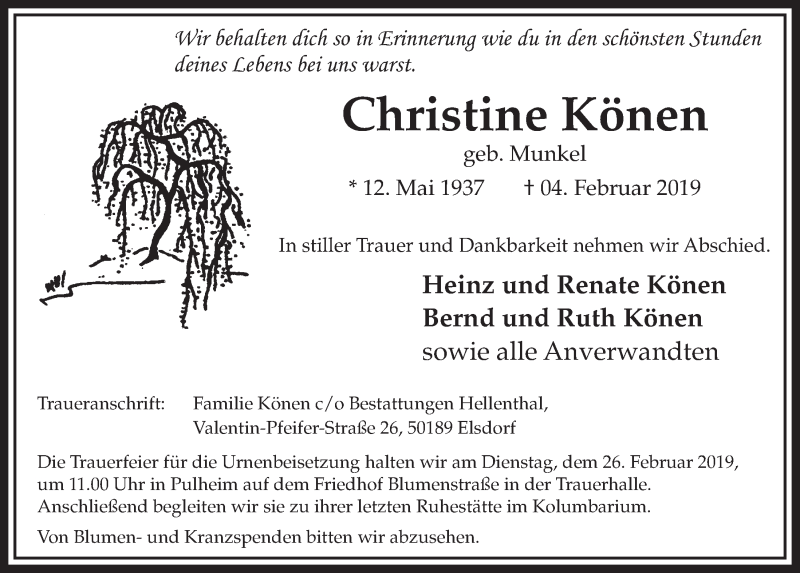  Traueranzeige für Christine Könen vom 23.02.2019 aus  Sonntags-Post 