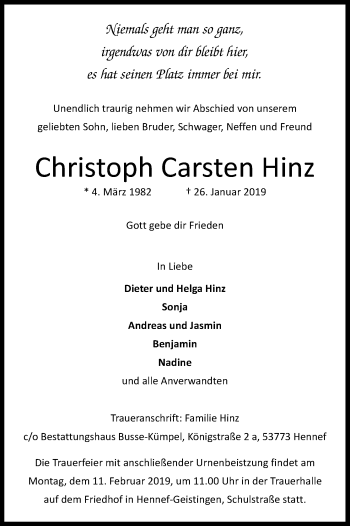 Anzeige von Christoph Carsten Hinz von Kölner Stadt-Anzeiger / Kölnische Rundschau / Express