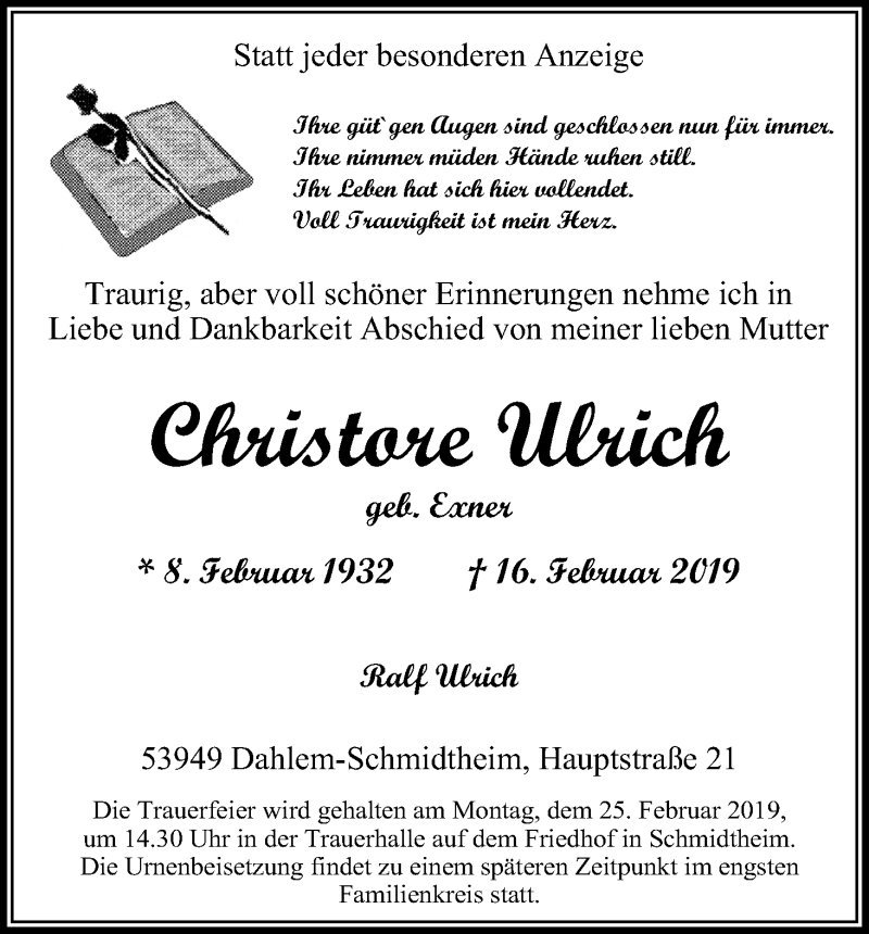  Traueranzeige für Christore Ulrich vom 21.02.2019 aus Kölner Stadt-Anzeiger / Kölnische Rundschau / Express