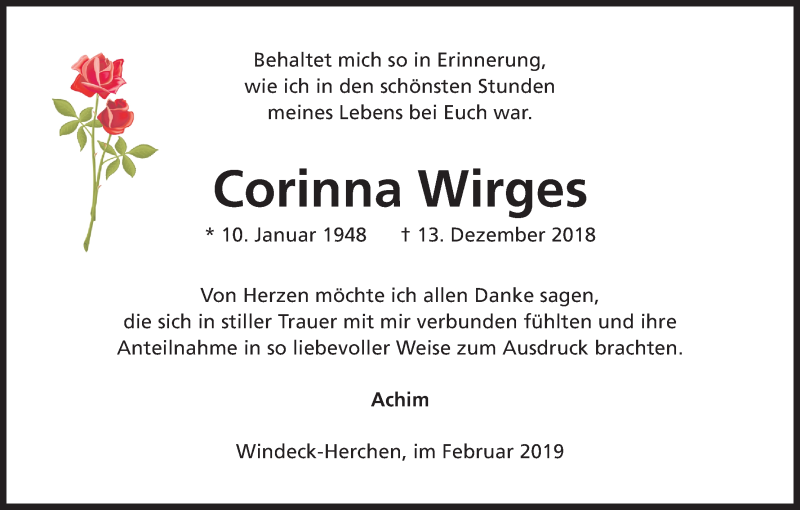  Traueranzeige für Corinna Wirges vom 02.02.2019 aus Kölner Stadt-Anzeiger / Kölnische Rundschau / Express