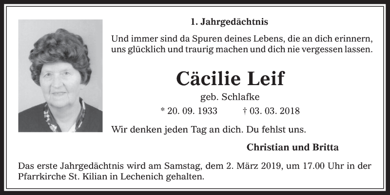  Traueranzeige für Cäcilie Leif vom 27.02.2019 aus  Werbepost 