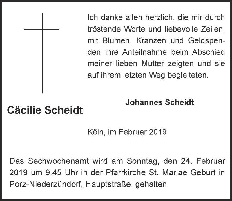  Traueranzeige für Cäcilie Scheidt vom 13.02.2019 aus  Kölner Wochenspiegel 