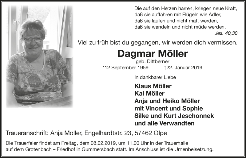  Traueranzeige für Dagmar Möller vom 06.02.2019 aus  Anzeigen Echo 