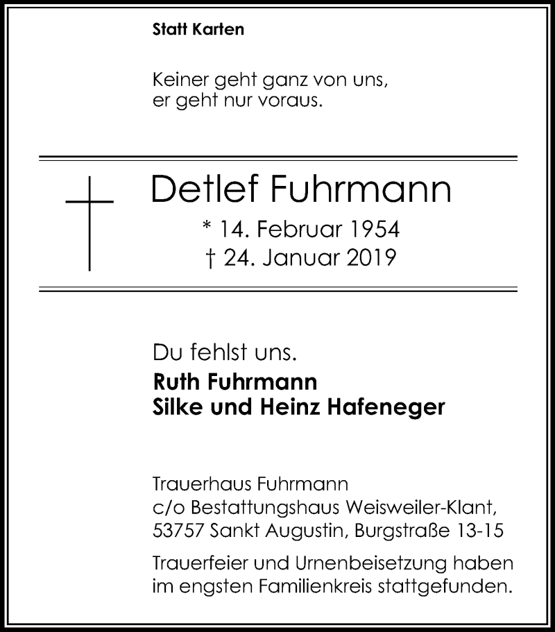  Traueranzeige für Detlef Fuhrmann vom 02.02.2019 aus Kölner Stadt-Anzeiger / Kölnische Rundschau / Express