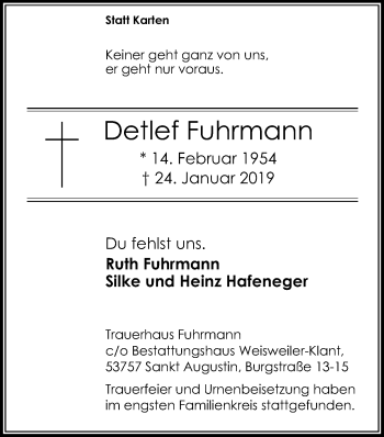 Anzeige von Detlef Fuhrmann von Kölner Stadt-Anzeiger / Kölnische Rundschau / Express