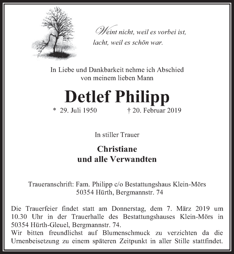  Traueranzeige für Detlef Philipp vom 27.02.2019 aus  Wochenende 