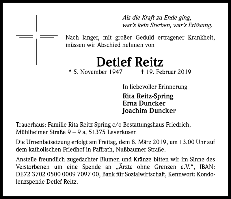  Traueranzeige für Detlef Reitz vom 23.02.2019 aus Kölner Stadt-Anzeiger / Kölnische Rundschau / Express