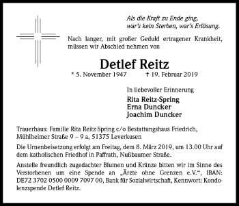 Anzeige von Detlef Reitz von Kölner Stadt-Anzeiger / Kölnische Rundschau / Express