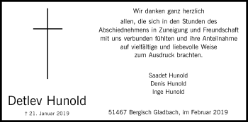 Anzeige von Detlev Hunold von Kölner Stadt-Anzeiger / Kölnische Rundschau / Express
