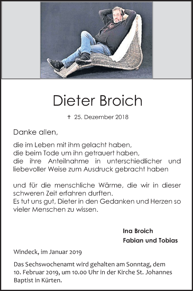  Traueranzeige für Dieter Broich vom 02.02.2019 aus Kölner Stadt-Anzeiger / Kölnische Rundschau / Express