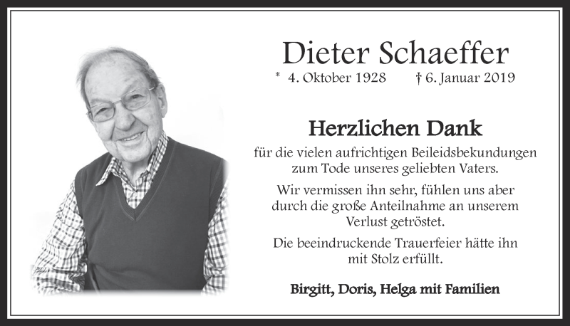  Traueranzeige für Dieter Schaeffer vom 20.02.2019 aus  Werbepost 