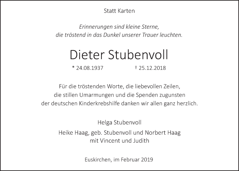  Traueranzeige für Dieter Stubenvoll vom 09.02.2019 aus  Blickpunkt Euskirchen 