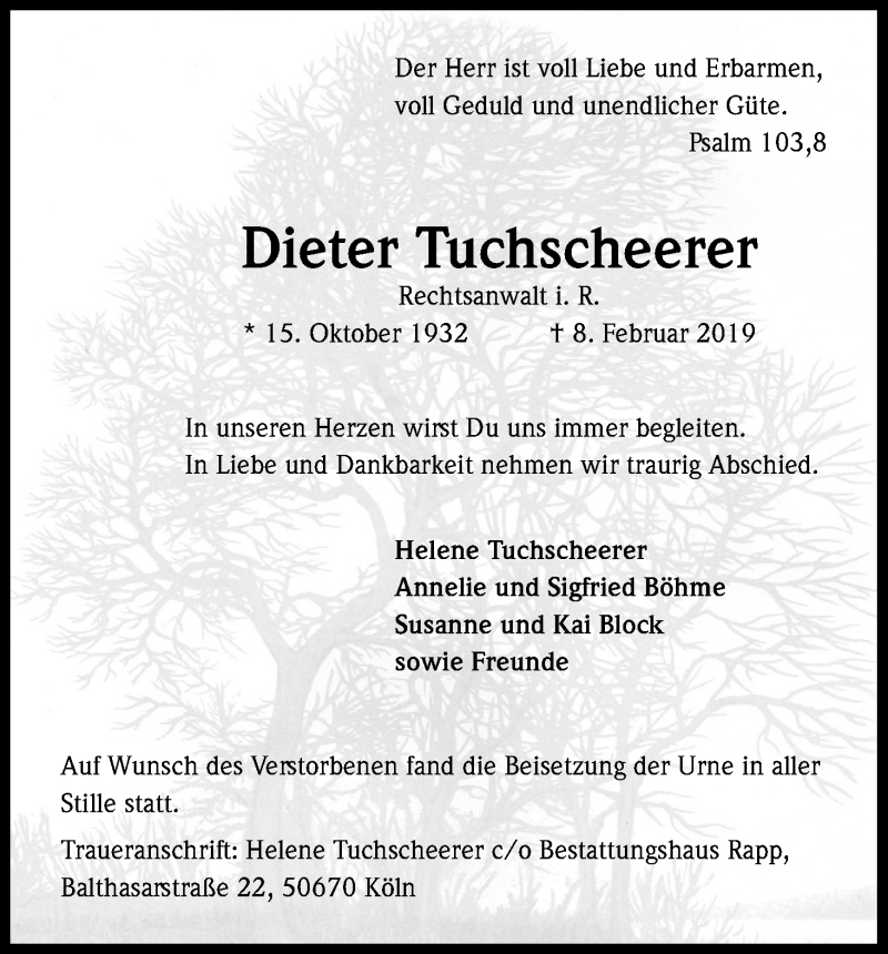  Traueranzeige für Dieter Tuchscheerer vom 23.02.2019 aus Kölner Stadt-Anzeiger / Kölnische Rundschau / Express