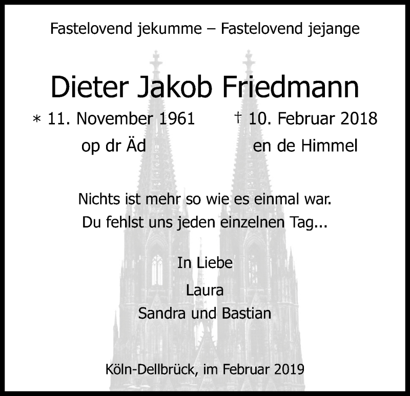  Traueranzeige für Dieter Jakob Friedmann vom 09.02.2019 aus Kölner Stadt-Anzeiger / Kölnische Rundschau / Express