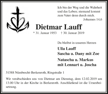 Anzeige von Dietmar Lauff von  Lokalanzeiger 