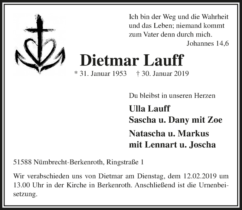  Traueranzeige für Dietmar Lauff vom 06.02.2019 aus  Lokalanzeiger 