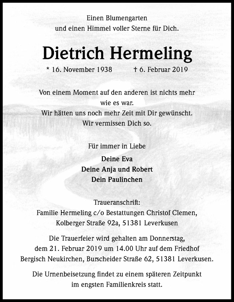  Traueranzeige für Dietrich Hermeling vom 16.02.2019 aus Kölner Stadt-Anzeiger / Kölnische Rundschau / Express
