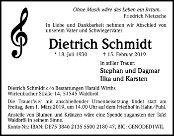 Anzeige von Dietrich Schmidt von Kölner Stadt-Anzeiger / Kölnische Rundschau / Express