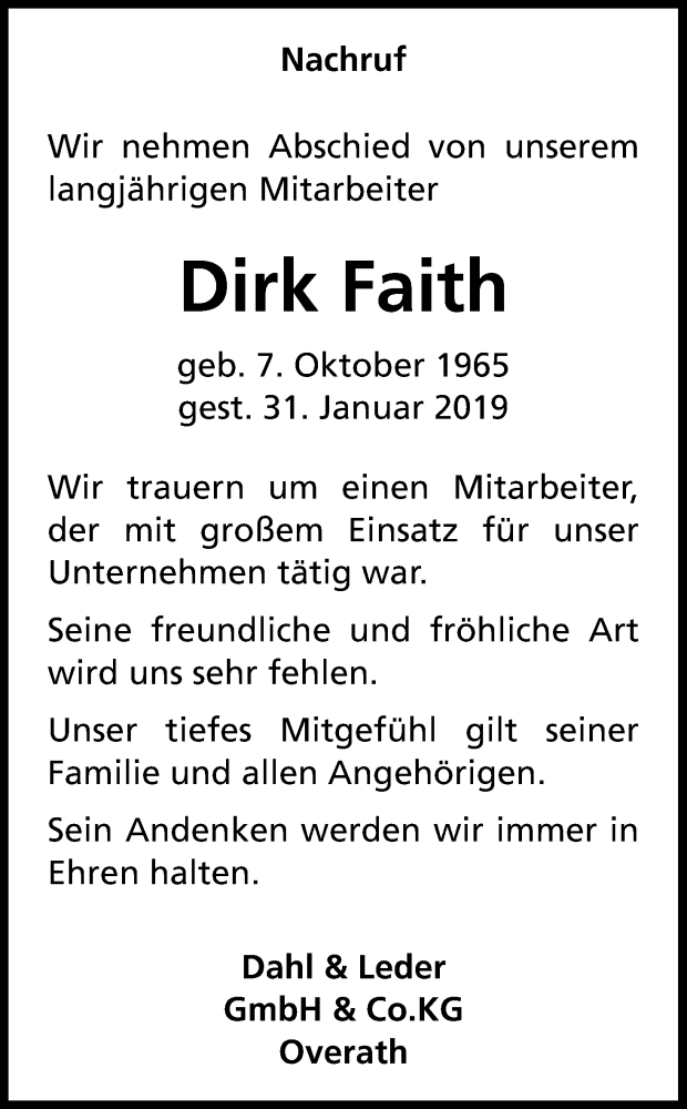  Traueranzeige für Dirk Faith vom 07.02.2019 aus Kölner Stadt-Anzeiger / Kölnische Rundschau / Express