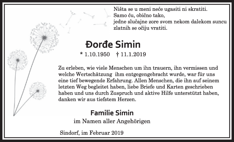  Traueranzeige für Dorde Simin vom 16.02.2019 aus  Sonntags-Post 