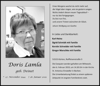 Anzeige von Doris Lamla von  Bergisches Sonntagsblatt 