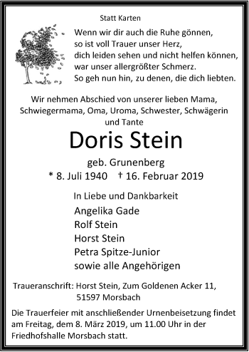 Anzeige von Doris Stein von  Lokalanzeiger 