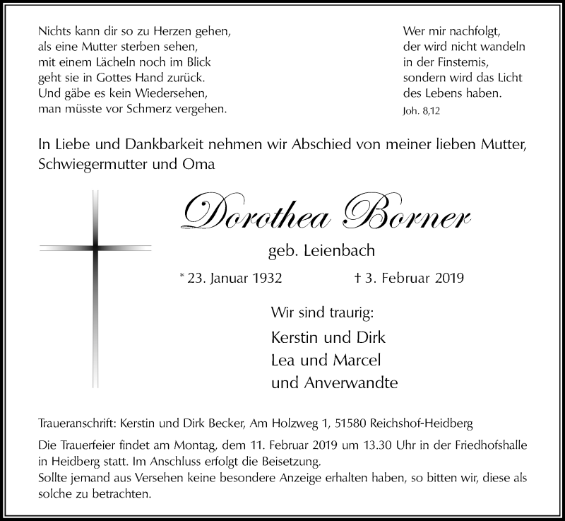  Traueranzeige für Dorothea Borner vom 08.02.2019 aus Kölner Stadt-Anzeiger / Kölnische Rundschau / Express