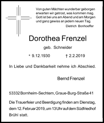Anzeige von Dorothea Frenzel von Kölner Stadt-Anzeiger / Kölnische Rundschau / Express