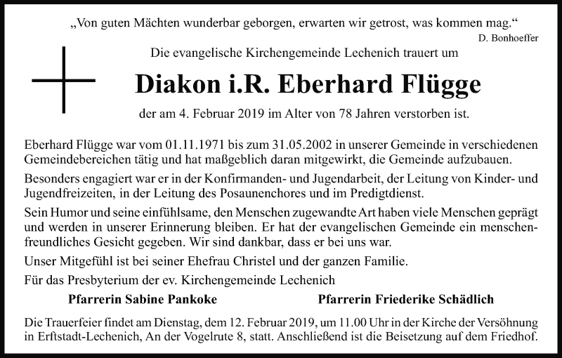  Traueranzeige für Eberhard Flügge vom 09.02.2019 aus Kölner Stadt-Anzeiger / Kölnische Rundschau / Express