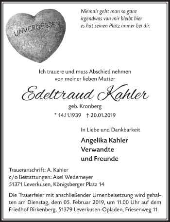 Anzeige von Edeltraud Kahler von  Lokale Informationen 