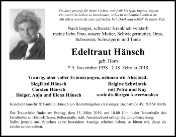 Anzeige von Edeltraut Hänsch von Kölner Stadt-Anzeiger / Kölnische Rundschau / Express