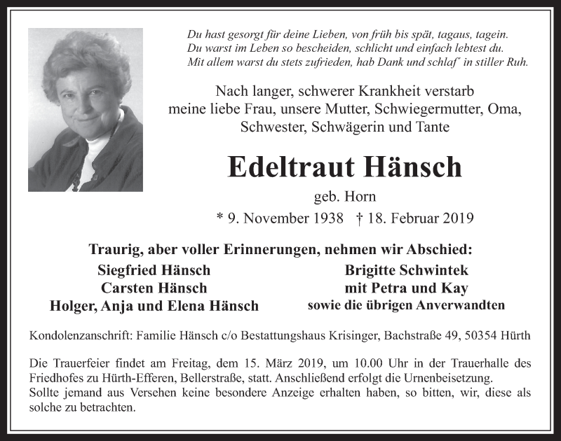  Traueranzeige für Edeltraut Hänsch vom 27.02.2019 aus  Wochenende 