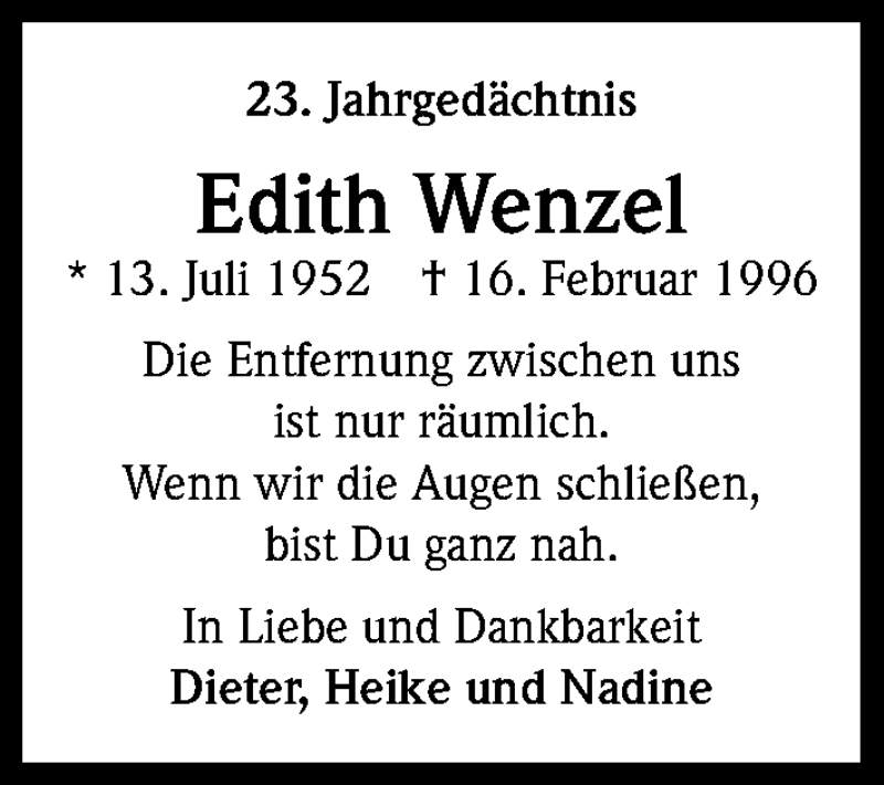 Traueranzeige für Edith Wenzel vom 16.02.2019 aus Kölner Stadt-Anzeiger / Kölnische Rundschau / Express