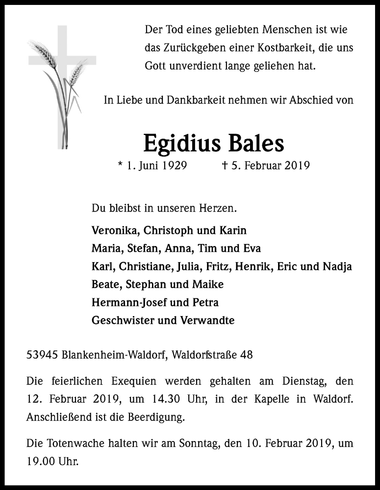 Traueranzeige für Egidius Bales vom 09.02.2019 aus Kölner Stadt-Anzeiger / Kölnische Rundschau / Express