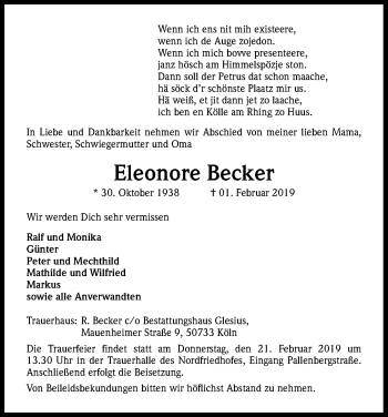 Anzeige von Eleonore Becker von Kölner Stadt-Anzeiger / Kölnische Rundschau / Express